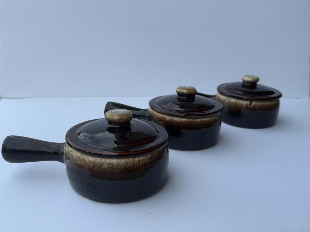 Set of 3 Vintage Brown Drip Glaze Ceramic Soup Crocks with Lids